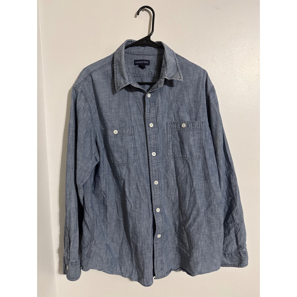 Lands End Mens XL Blue Chambray Long Sleeve Button Down Shirt Cotton Workwear